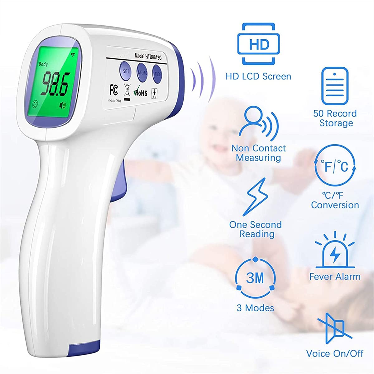 DR VAKU Infrared Digital Thermometer For Fever, Non-Contact Laser Infrared Thermometer Temperature Gun [Battery Included] - White and Blue, Plastic
