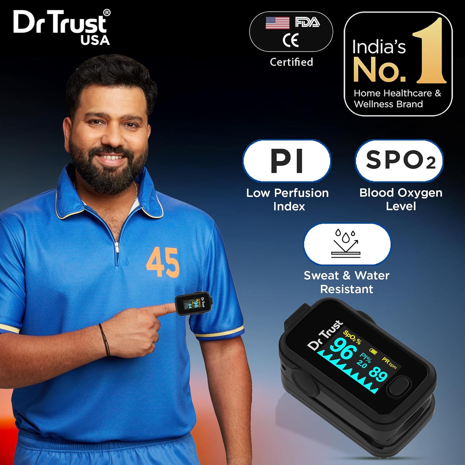 Dr Trust USA Signature Series CE & USFDA Approved Finger Tip Pulse Oximeter With Audio Visual Alarm, Blood Oxygen Saturation SPO2 & Heart Rate Monitor (Midnight Black)