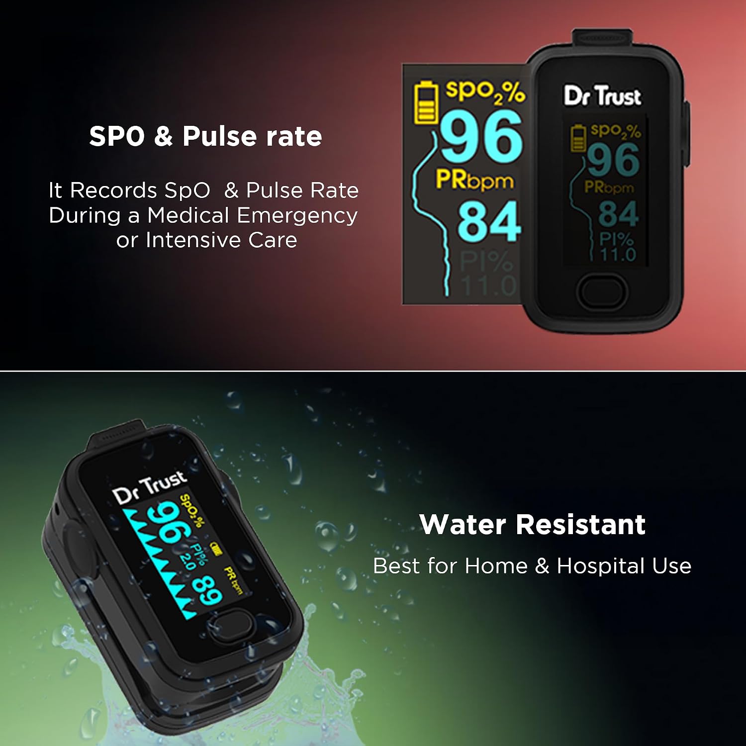 Dr Trust USA Signature Series CE & USFDA Approved Finger Tip Pulse Oximeter With Audio Visual Alarm, Blood Oxygen Saturation SPO2 & Heart Rate Monitor (Midnight Black)